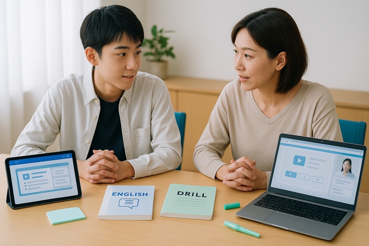 中学生と保護者がタブレットやオンライン塾の画面、紙の問題集をテーブルに並べ、通信教育の使い方を相談している様子