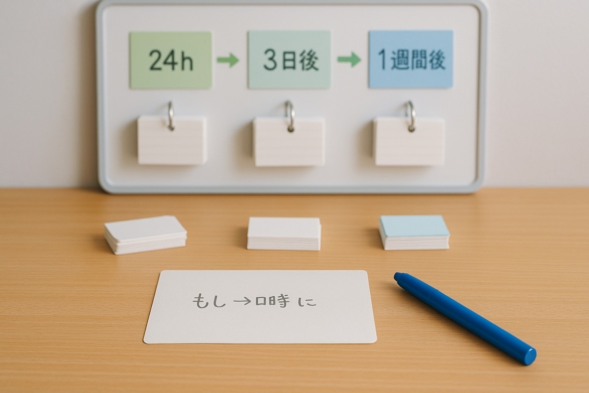 If-Thenプランを書いたメモカードと、「24時間後・3日後・1週間後」に分けて置かれた英単語カードが並び、間隔反復の仕組みを示している様子