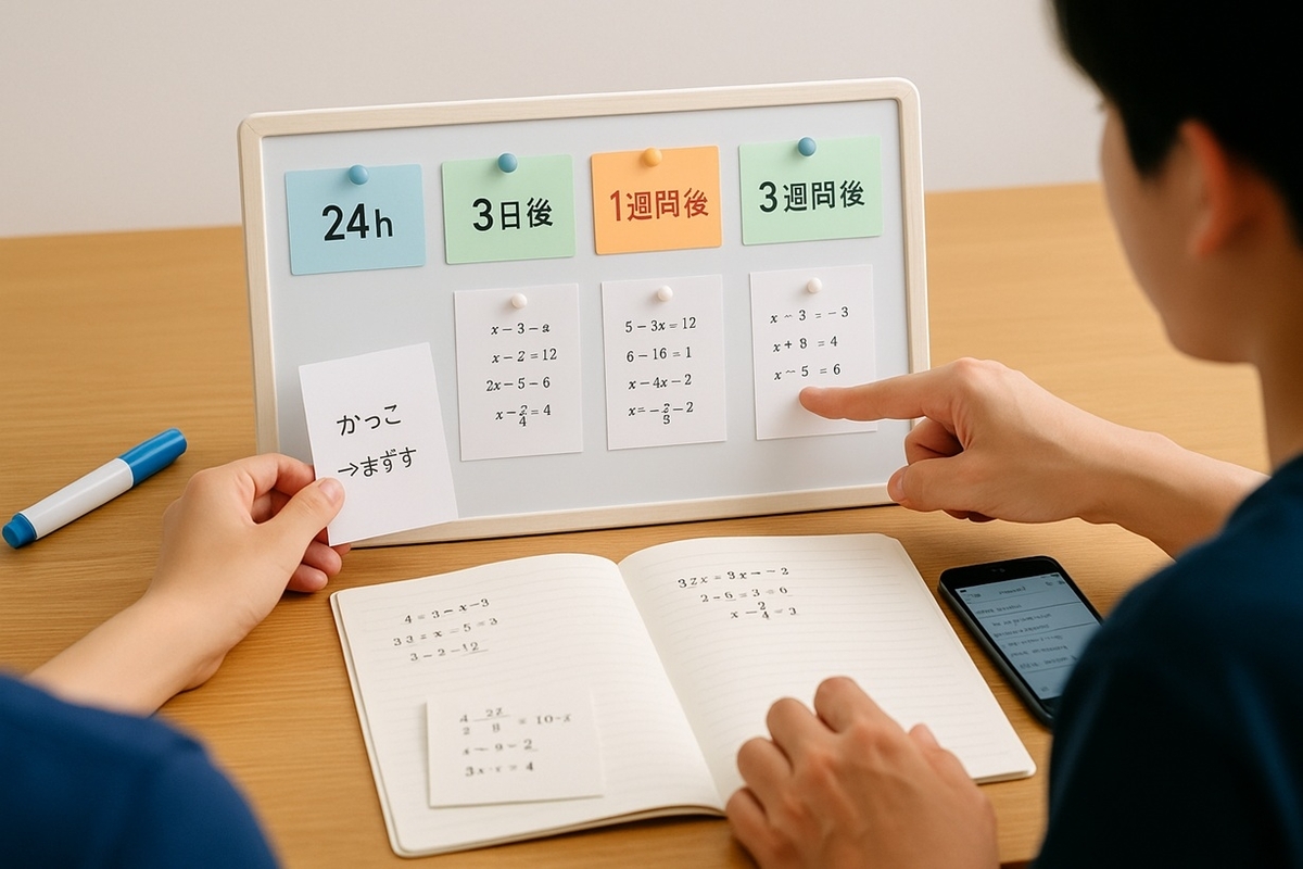 24時間後・3日後・1週間後・3週間後のカードで方程式の復習タイミングを見える化した間隔反復ボード
