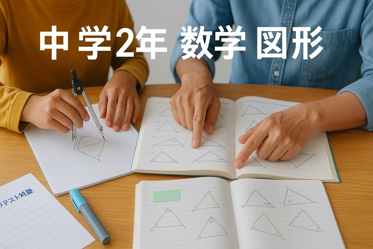 中学2年生が保護者と一緒に図形の角度問題をテーブルで勉強している様子