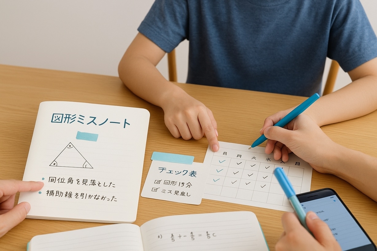図形ミスノートと1週間の学習チェック表を使って復習する中学生と保護者