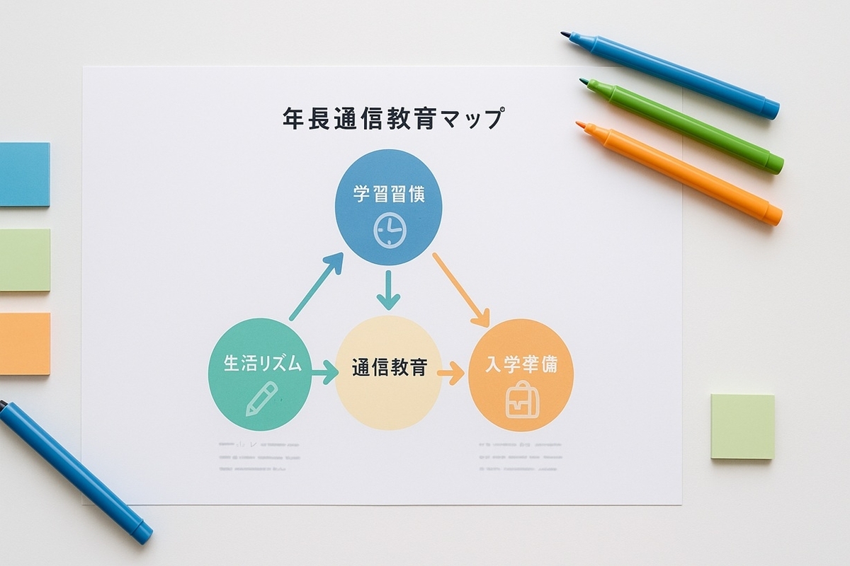 通信教育で整える学習習慣・生活リズム・入学準備の3本柱をまとめたマップ