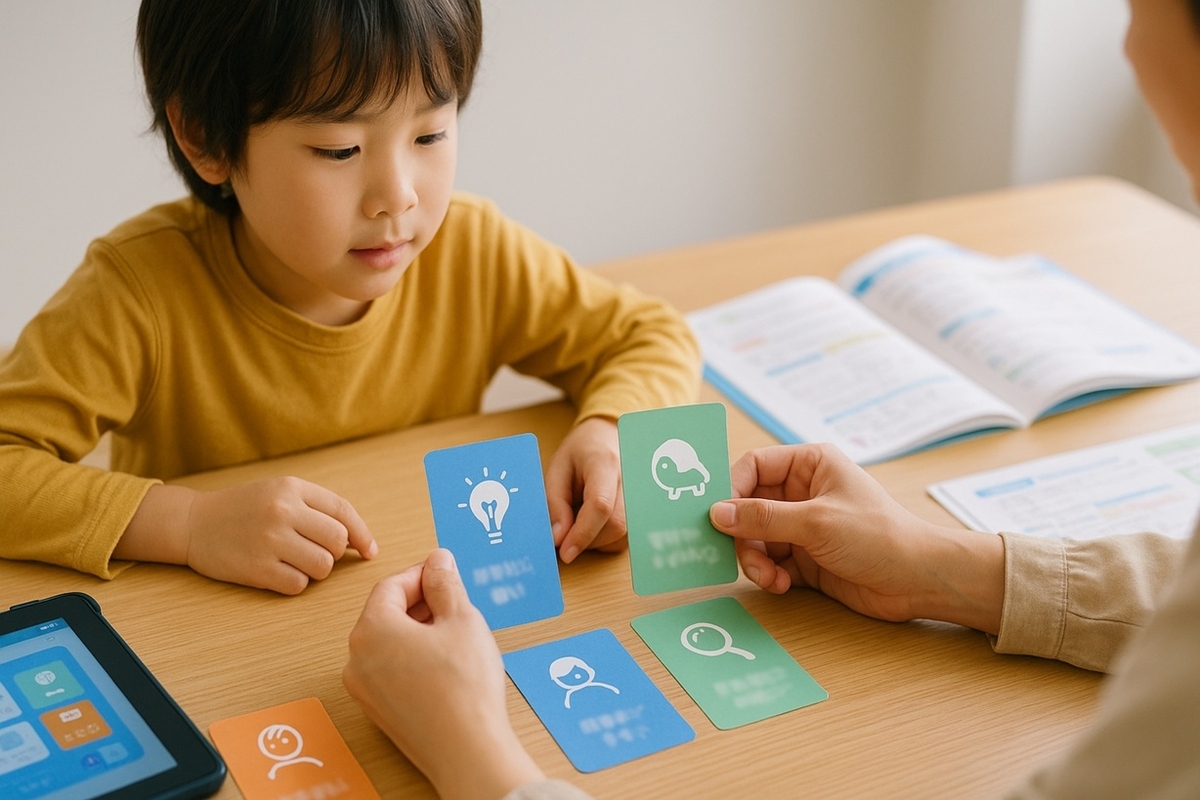 子どものタイプカードを見ながら通信教育の選び方を相談する親子