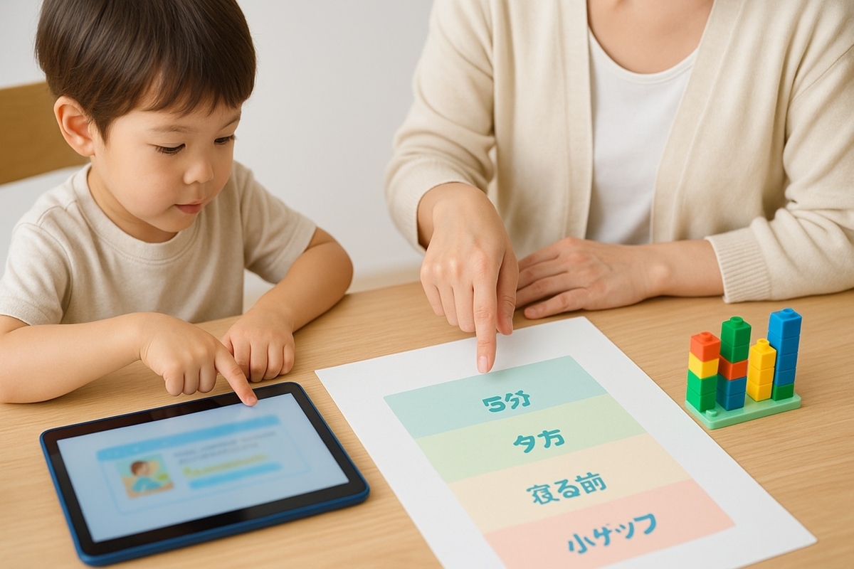 タブレット教材と紙のワーク、知育ブロックを前にどれを5分だけ使うか相談する親子
