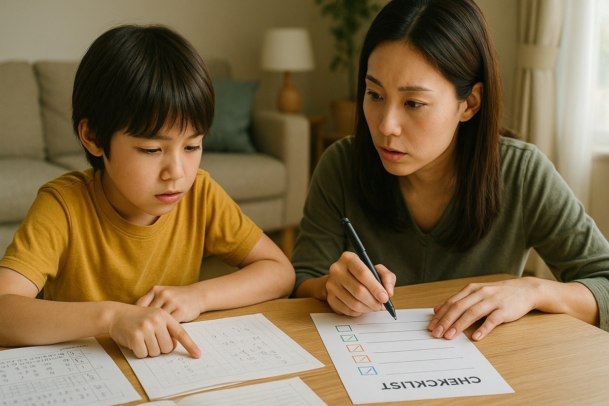 小3・小4の子どものテストや宿題を見ながら通信教育の始めどきチェックリストに印をつける母子
