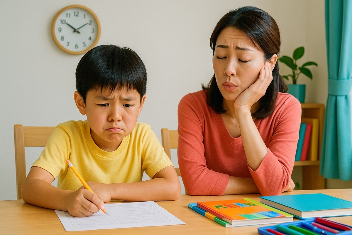 宿題を前に困る小学生と対応に悩む保護者の様子