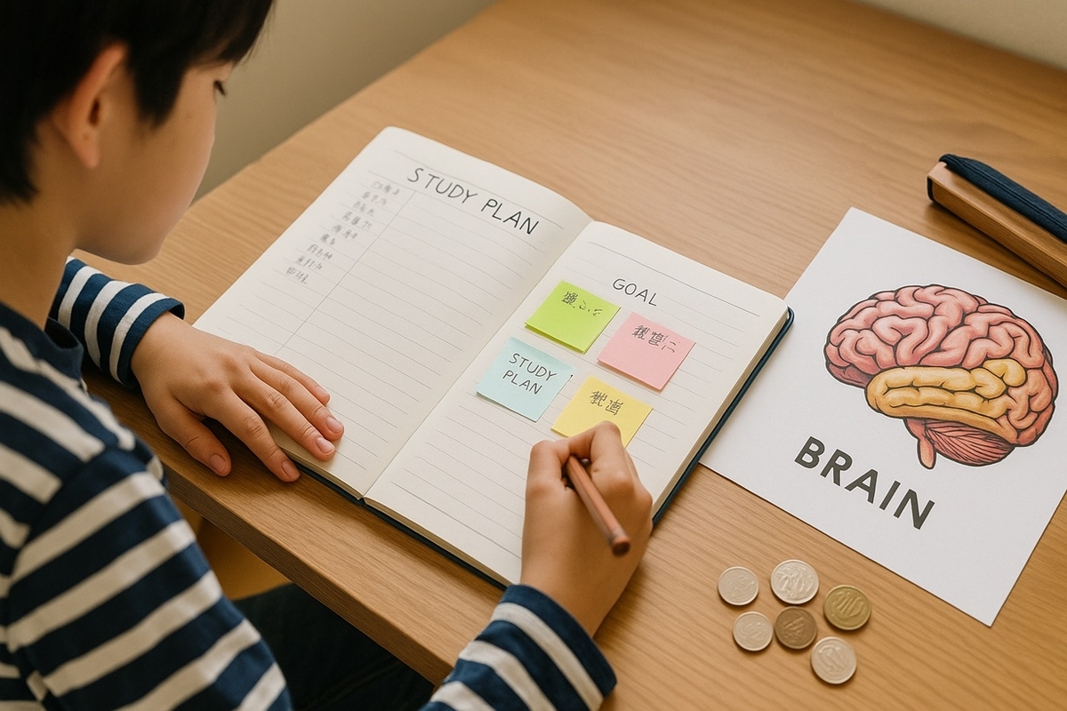 脳科学や心理学の資料を参考にしながら学習計画を書き込む中学生のイメージ