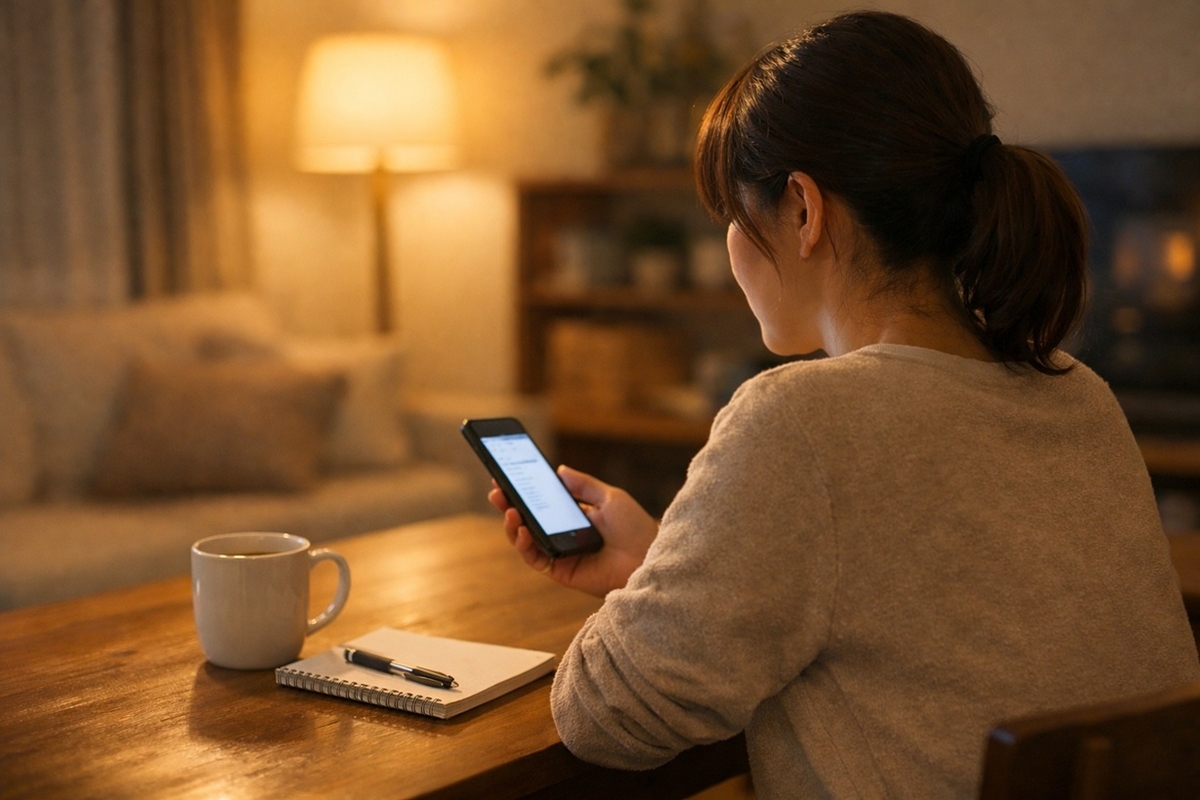 子どもが寝た後、スマホを見ながら将来を考える母親のリビング風景