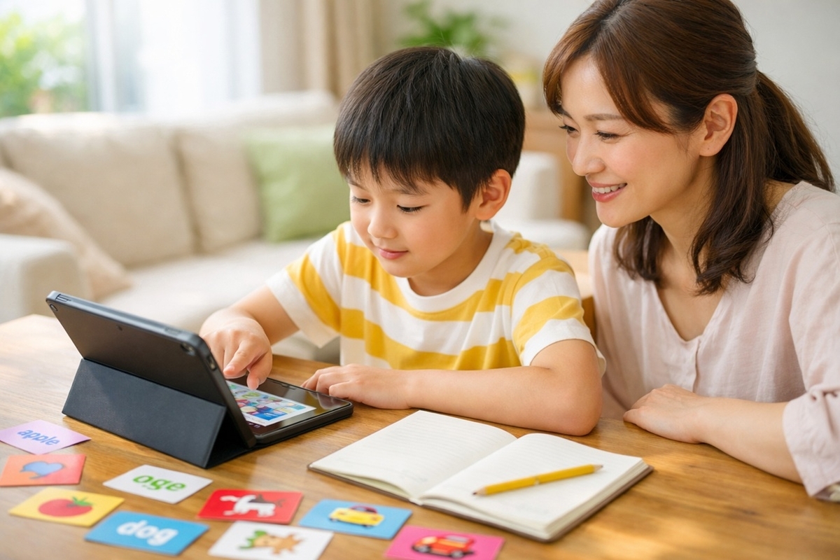 リビングでタブレットを使って英語学習をする小学生と見守る保護者