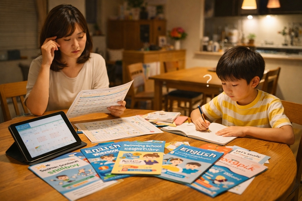 小学生の英語教材選びで迷う家庭のイメージ