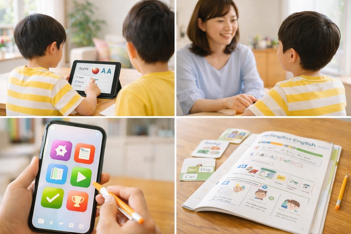 小学生英語の学習方法を比較するイメージ（タブレット・英会話・サブスク・紙教材）