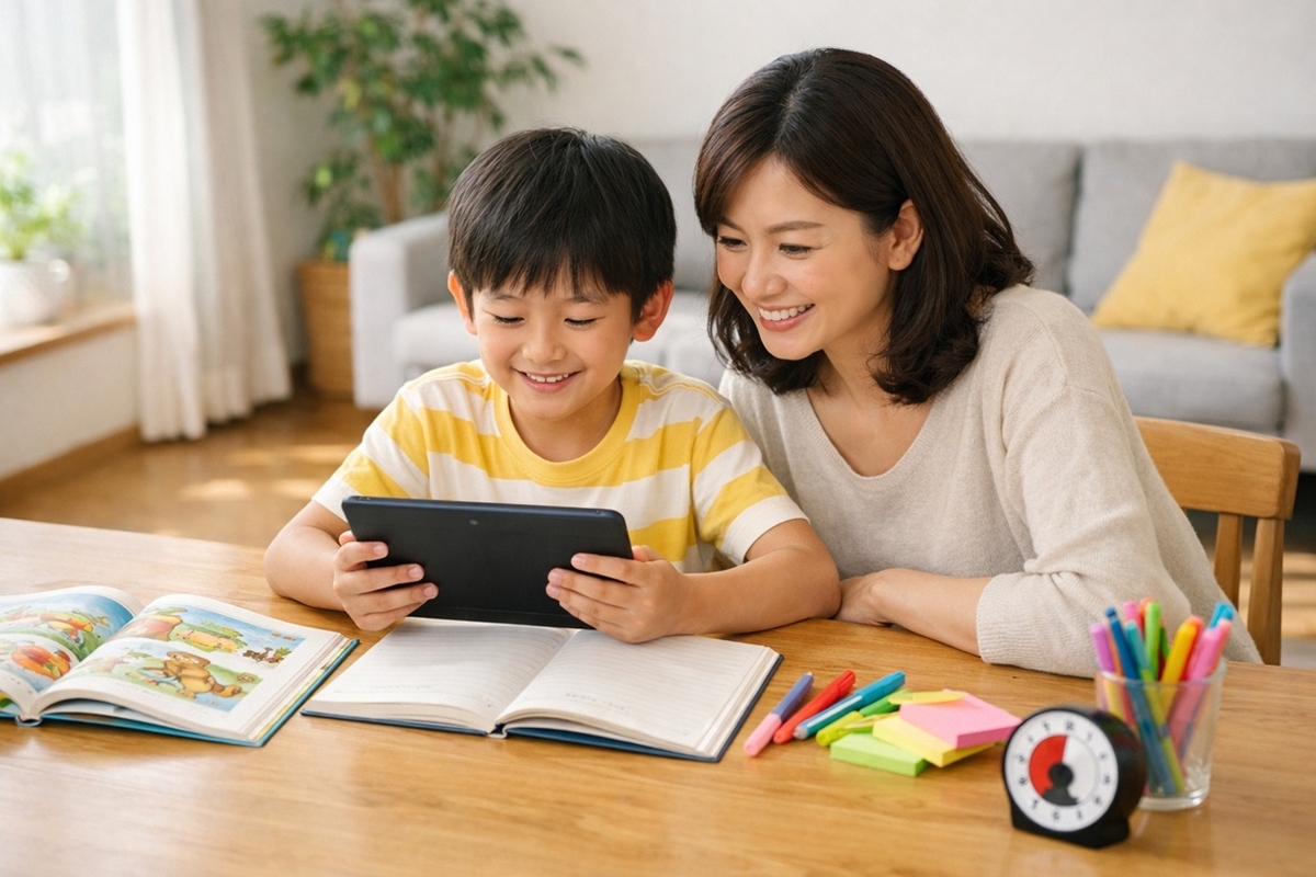 小学生が家庭でタブレットと教材を使って英語学習している様子