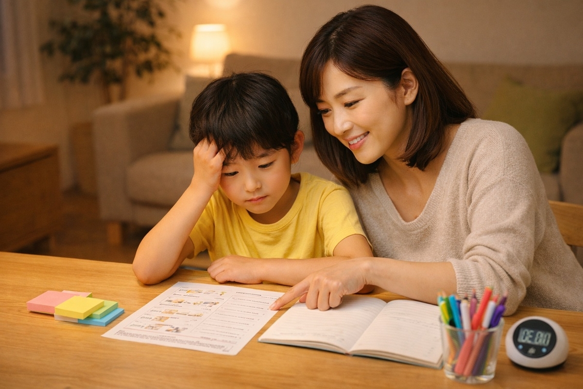 小学生が英語学習でつまずきやすい場面を家庭でサポートしている様子