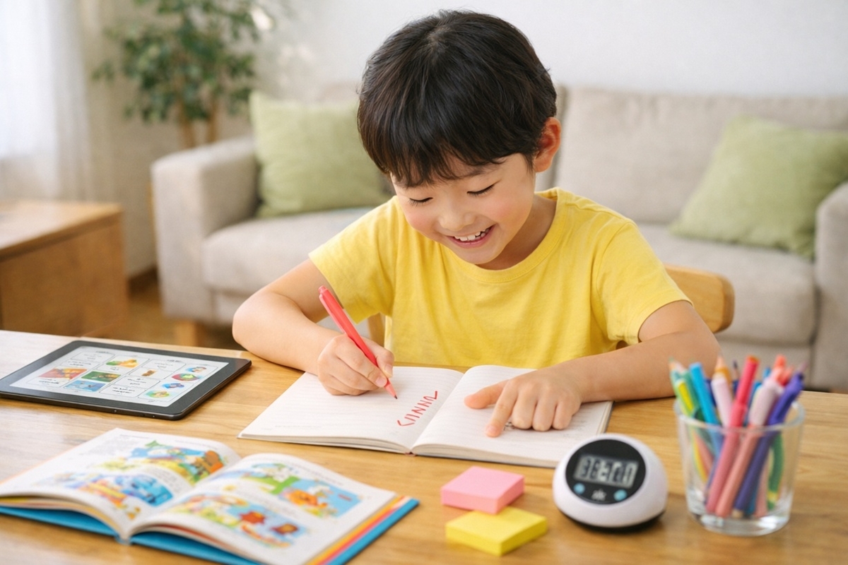 小学生がタブレット教材で英語を短時間学習し達成感を得ている様子