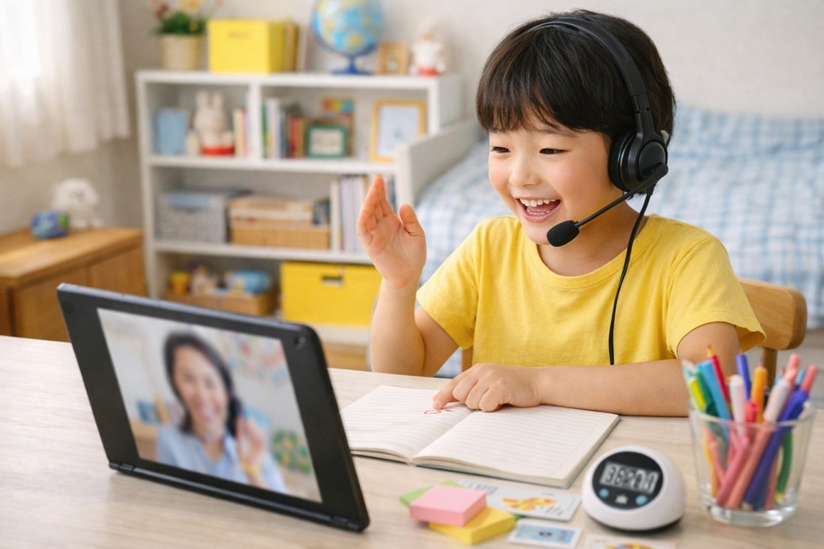 小学生がヘッドセットでオンライン英会話を受けて会話練習している様子
