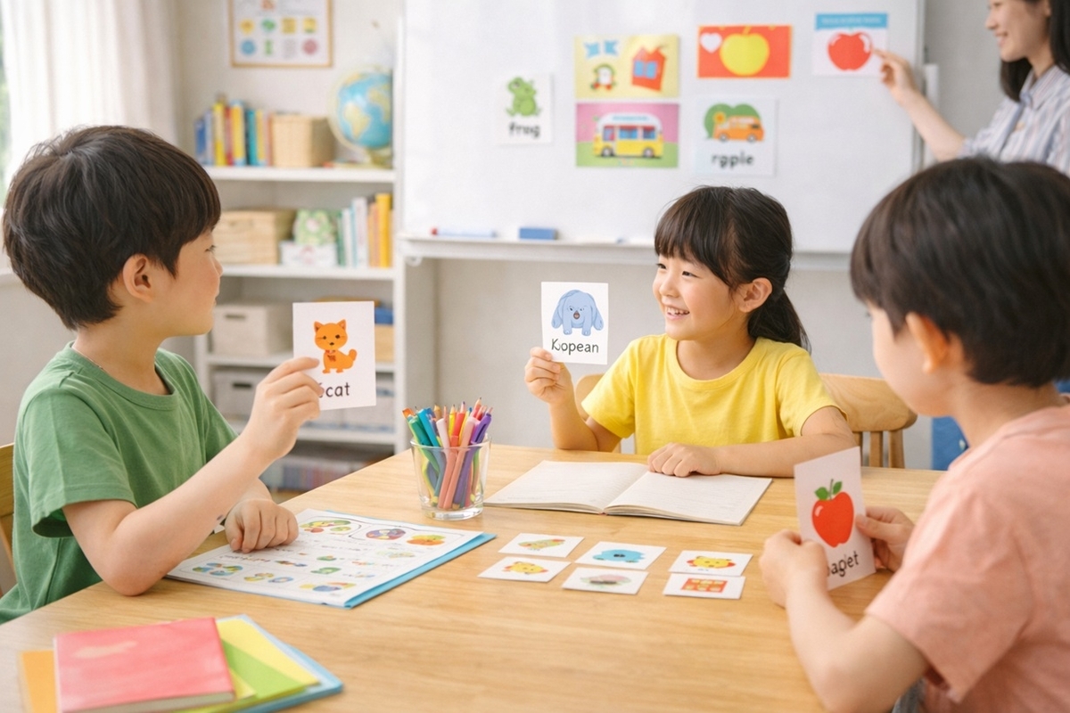 小学生が少人数の英語教室で教材を使って学んでいる様子