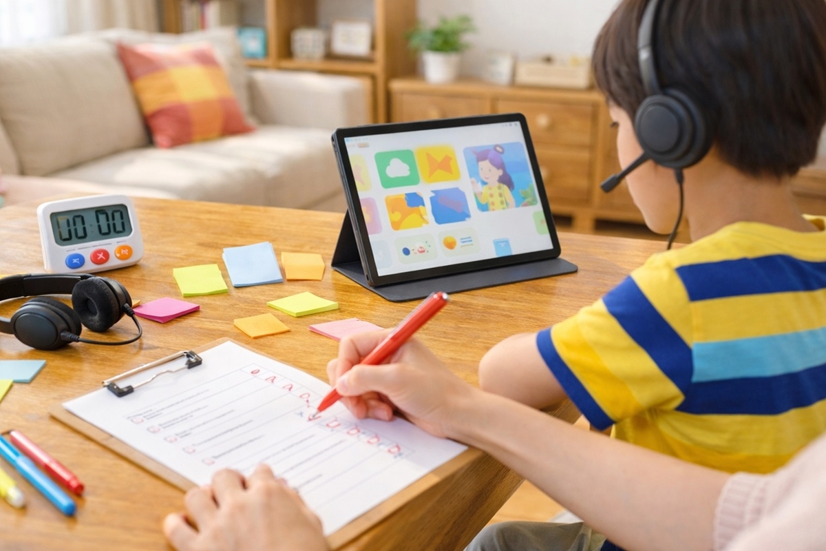 小学生の英語学習で無料体験を評価するチェックの様子(親子で確認)