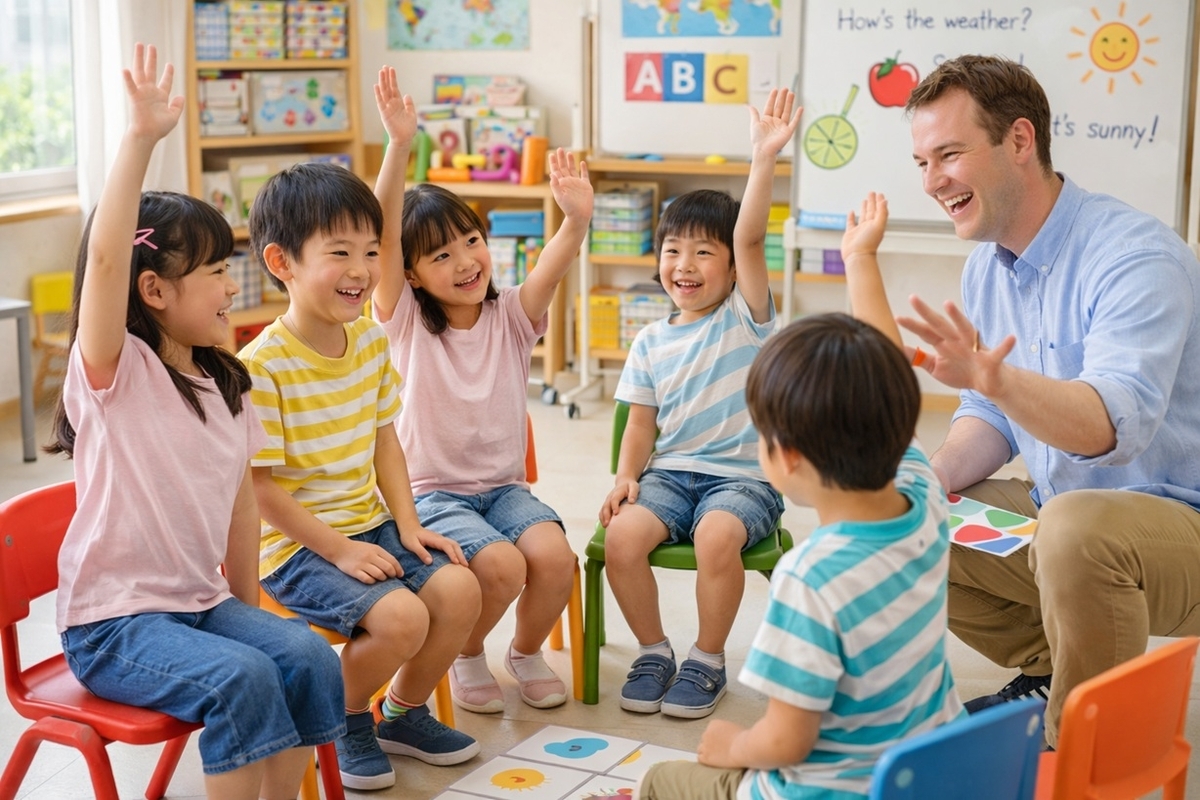 小学生が英語教室で先生と会話しながら学ぶ通学のイメージ