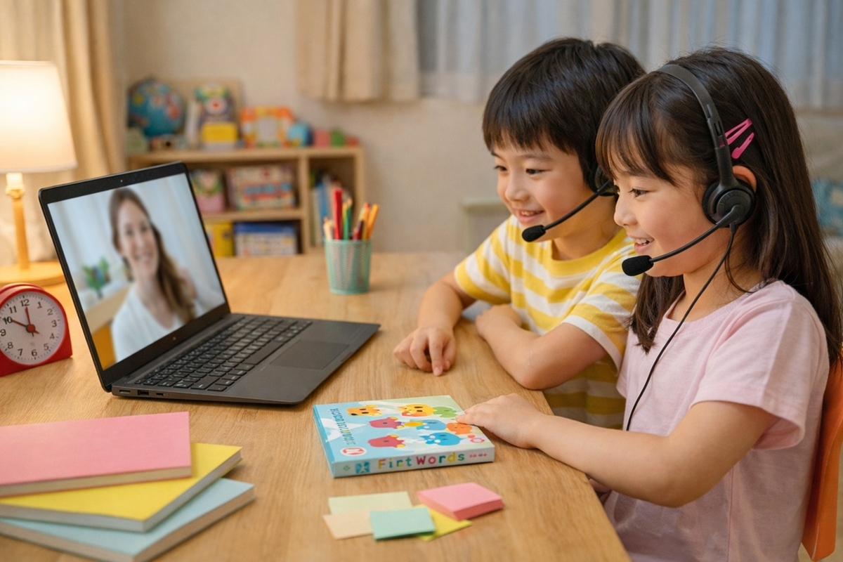 小学生が自宅でオンライン英会話や英語教材に取り組む様子