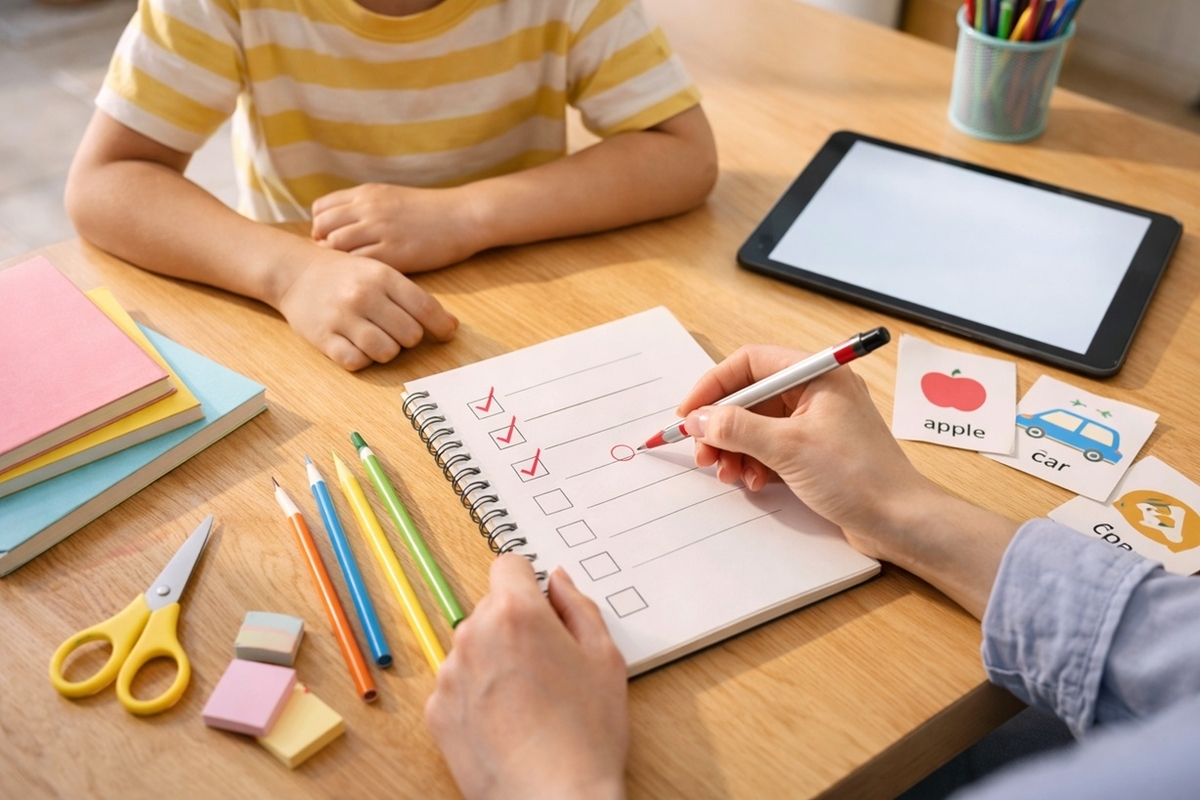 小学生の英語を家庭条件に合わせて選び、次の行動を決めるイメージ