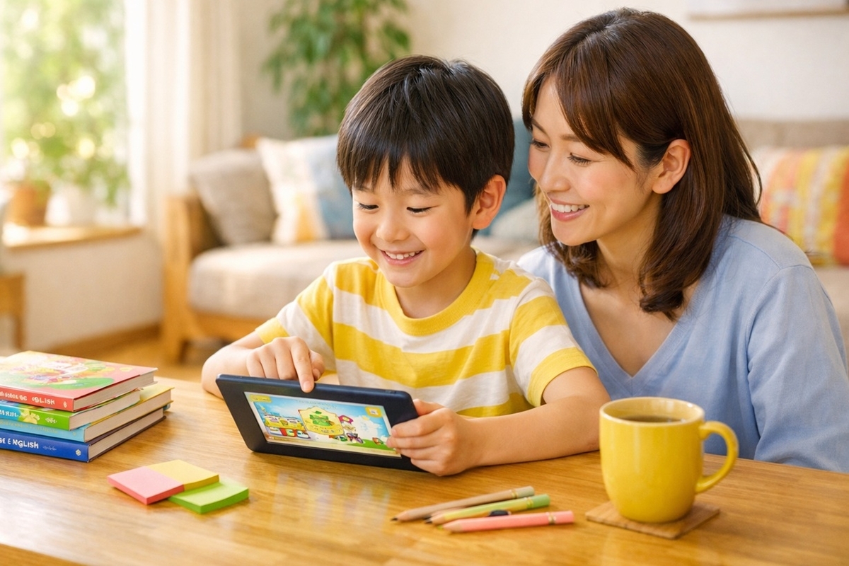 小学生が家で英語アプリを楽しむ様子(保護者が見守り)