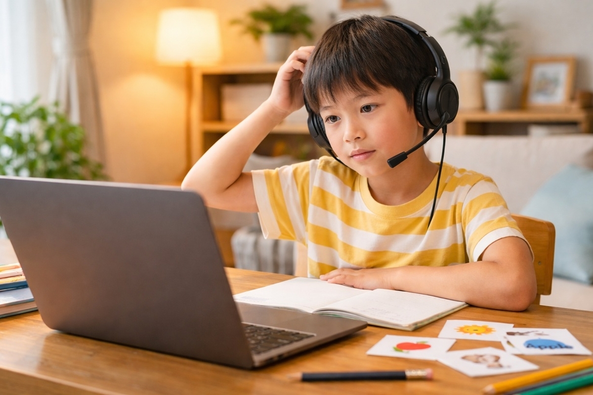 オンライン英会話を先に始めて理解が追いつかず戸惑う小学生のイメージ