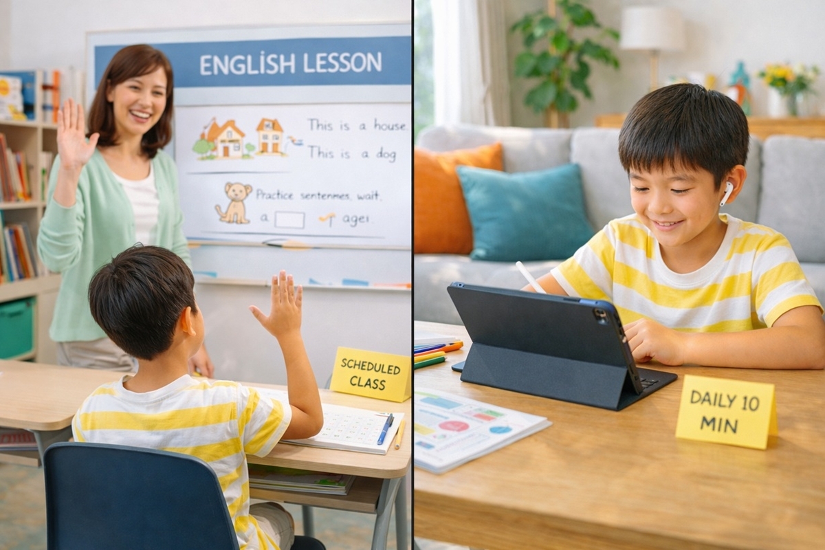英語教室(外部強制)と英語教材(家庭設計)の学習風景の違い