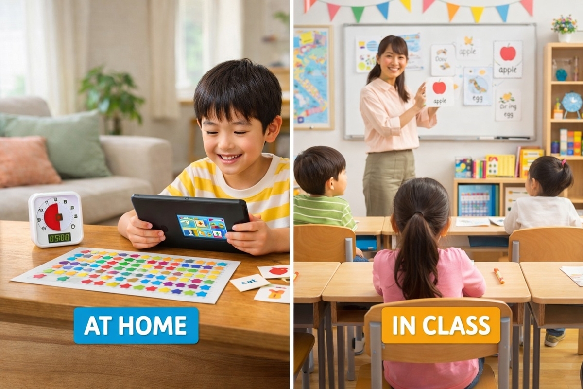 小学生英語の継続ルート（家庭完結型と教室型）を対比したイメージ