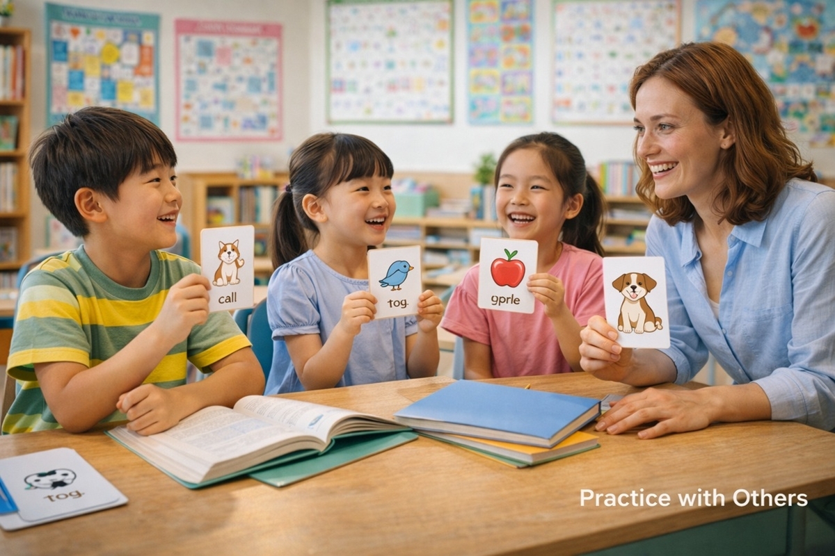 英語教室で第三者のフィードバックを受けながら続ける小学生