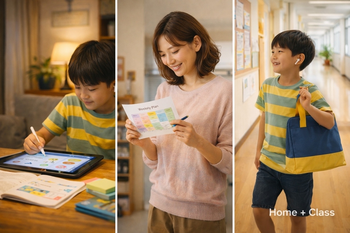 家庭学習と教室を組み合わせて英語を継続するモデル