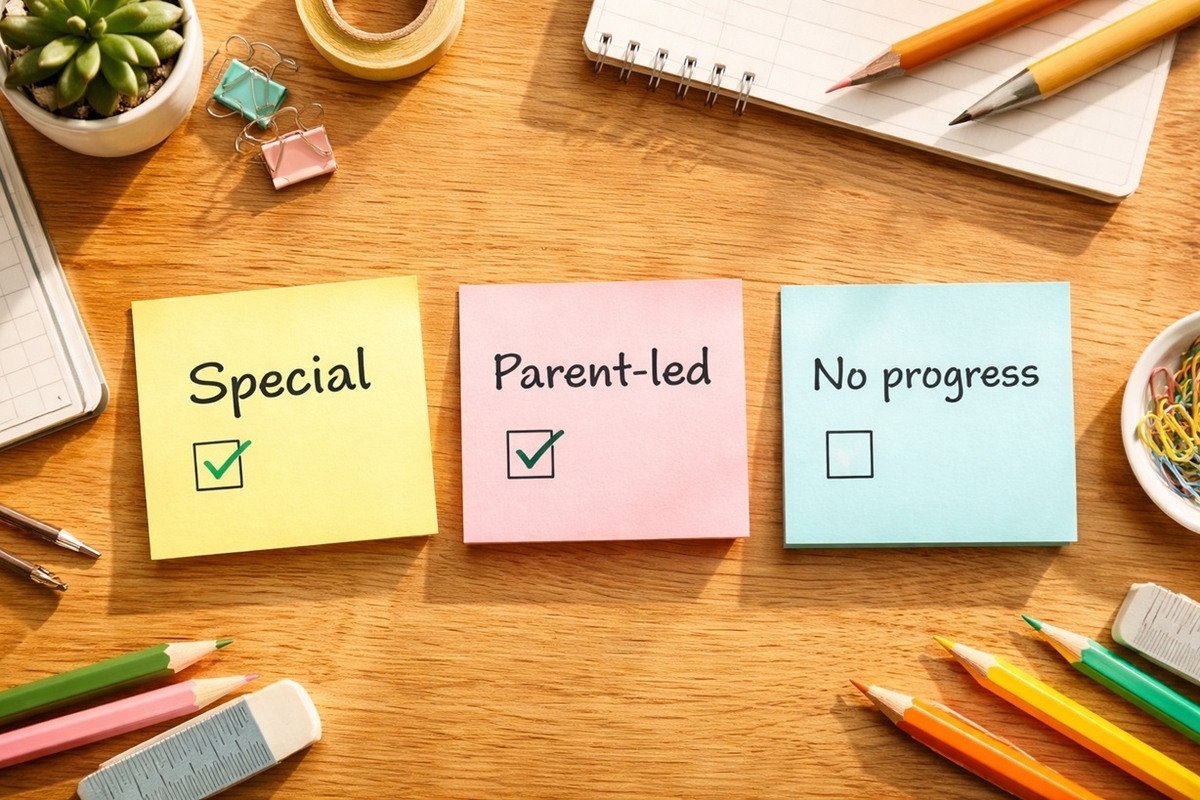 小学生英語が続かない3つの原因を付箋で整理したイメージ