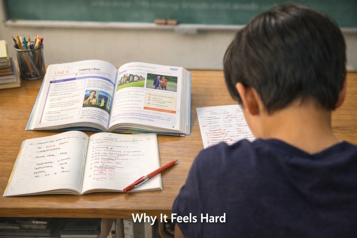 中学英語でつまずきやすい場面のイメージ（英語の教科書とテスト）