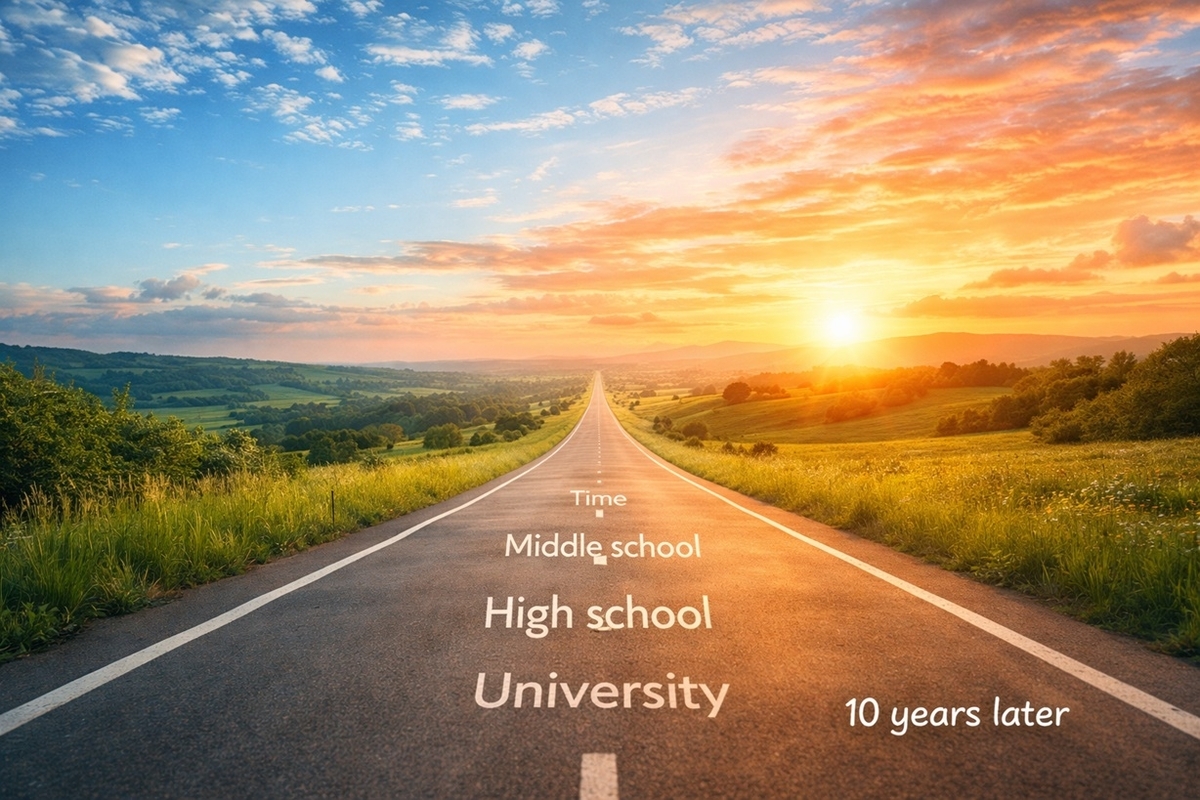 10年後に差がつくことを示す、未来へ続く道のイメージ