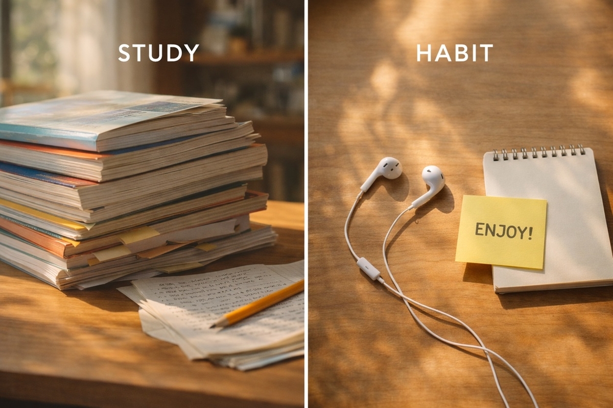 英語を勉強ではなく習慣として扱う対比イメージ