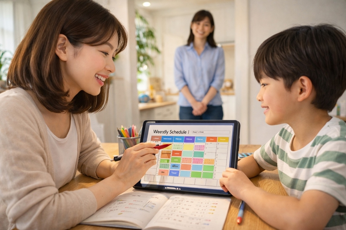 家庭教師が学習管理者として週の計画を一緒に作る様子