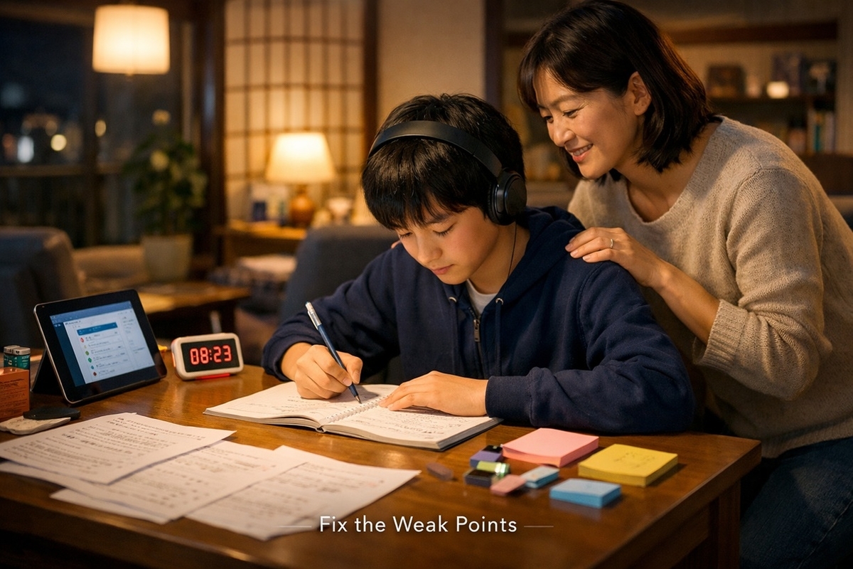 受験の過去問とノートを広げ、親子で弱点を整理しながら勉強を進める様子