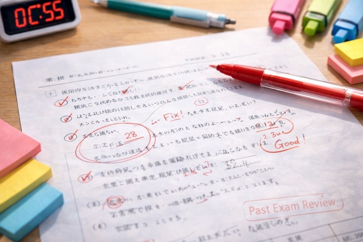 過去問の答案に赤入れをして失点原因を可視化している