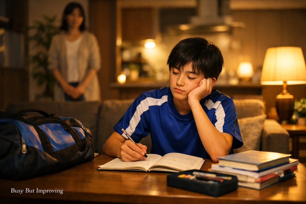 部活や習い事で忙しい中学生が夜に勉強時間がなくて悩むが、家庭教師で改善できるイメージ