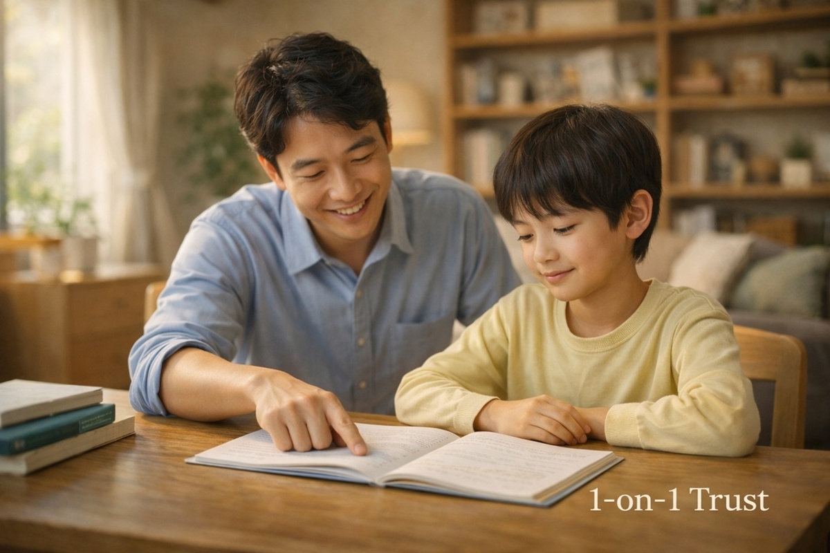 家庭教師と子どもが1対1で学ぶ様子（安心して質問できる）