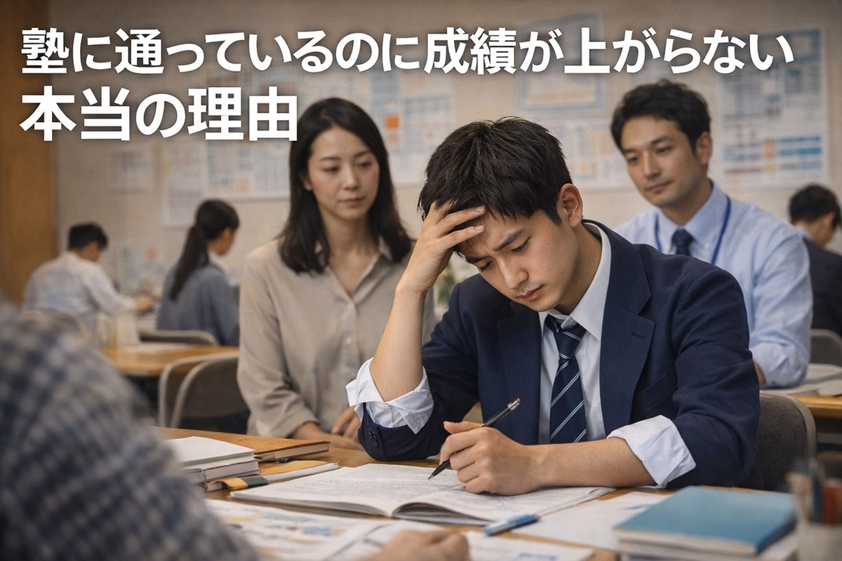 塾に通っているのに成績が上がらず悩む子どもと見守る親のイメージ