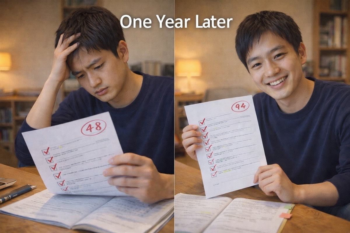 学習の対応を変えるかどうかで1年後の結果が分かれるイメージ