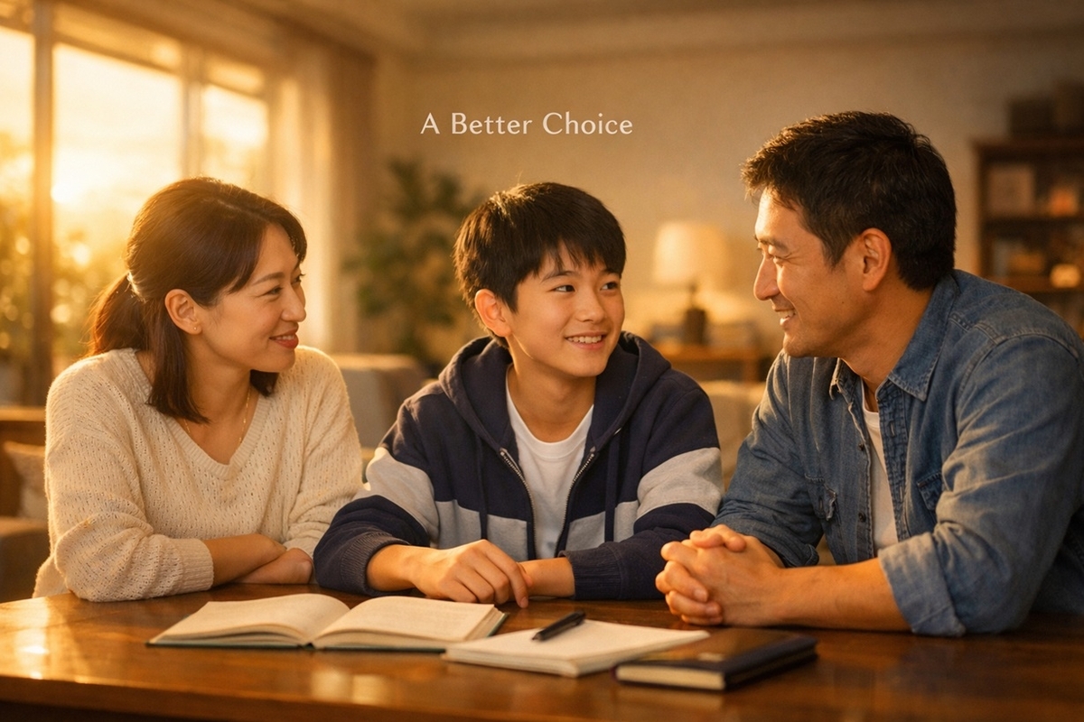 塾をやめたいと言う子どもと、落ち着いて向き合う親子の対話シーン