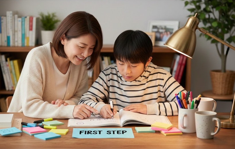 最初の1問を一緒にやることで勉強の開始ができるようになる家庭学習の場面