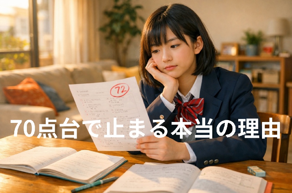 定期テスト72点の答案を見つめる中学生の様子