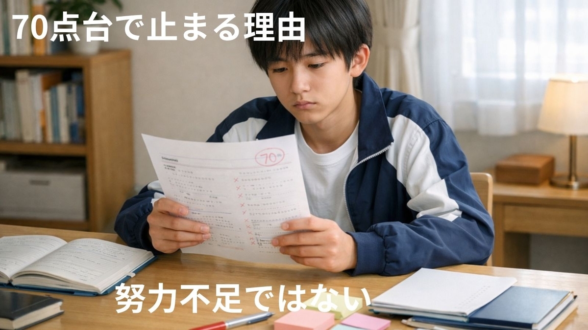 中学生が自宅学習でテスト結果を見つめ、70点台の停滞を感じている様子