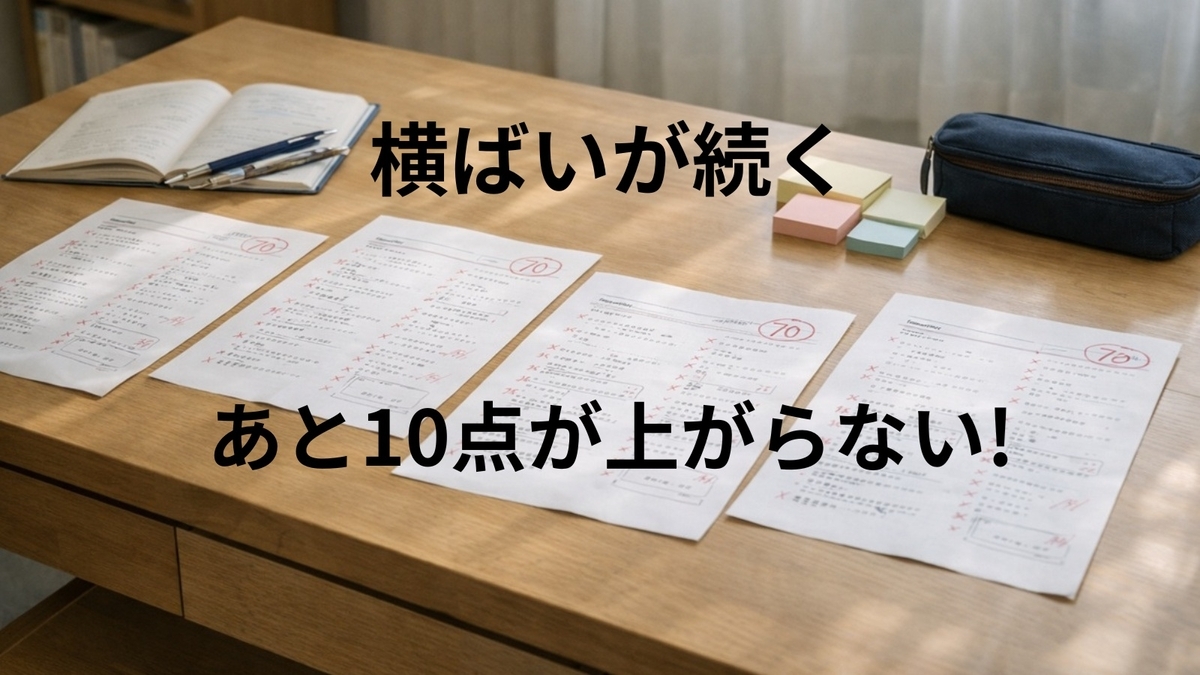 70点台前後のテスト結果が並び、成績が横ばいで続いている様子