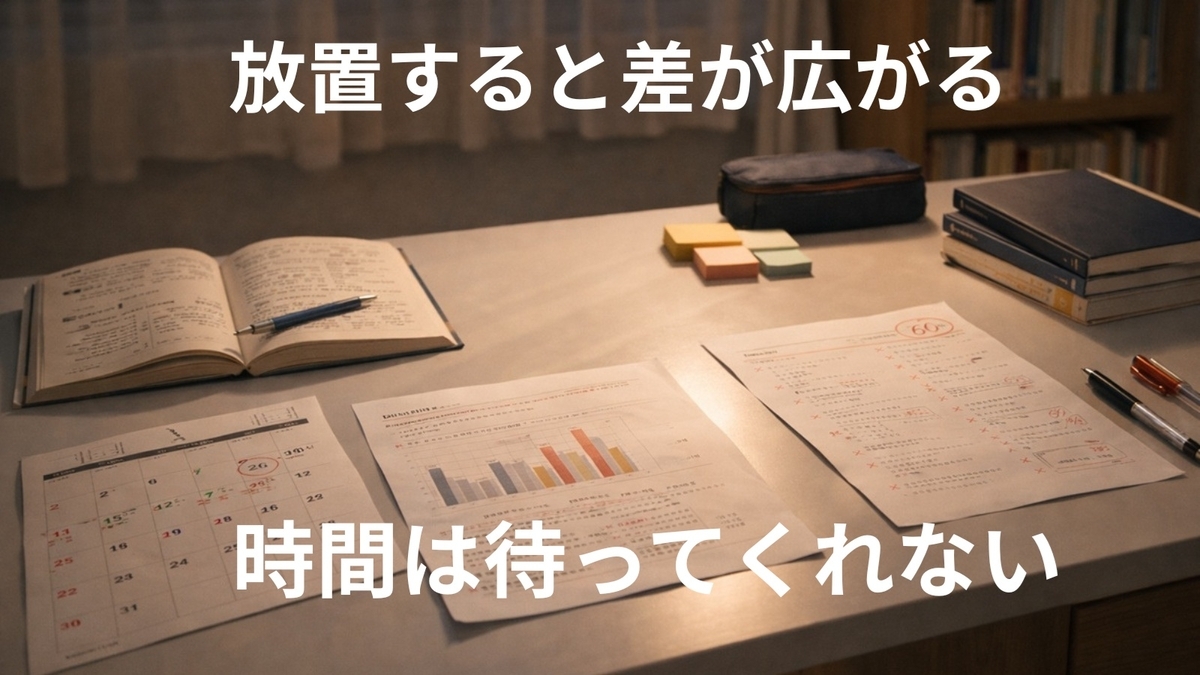 学年進行とともに学習時間だけが過ぎていく机上のイメージ