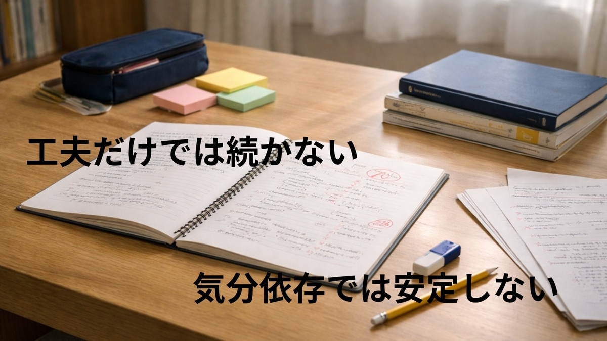 家庭学習の工夫はあるが安定して続きにくい様子を表した机上イメージ