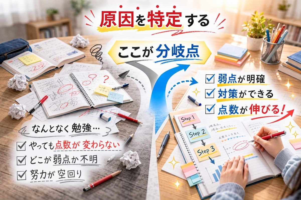 原因を特定するかどうかで学習の方向が分かれることを表した分岐イメージ