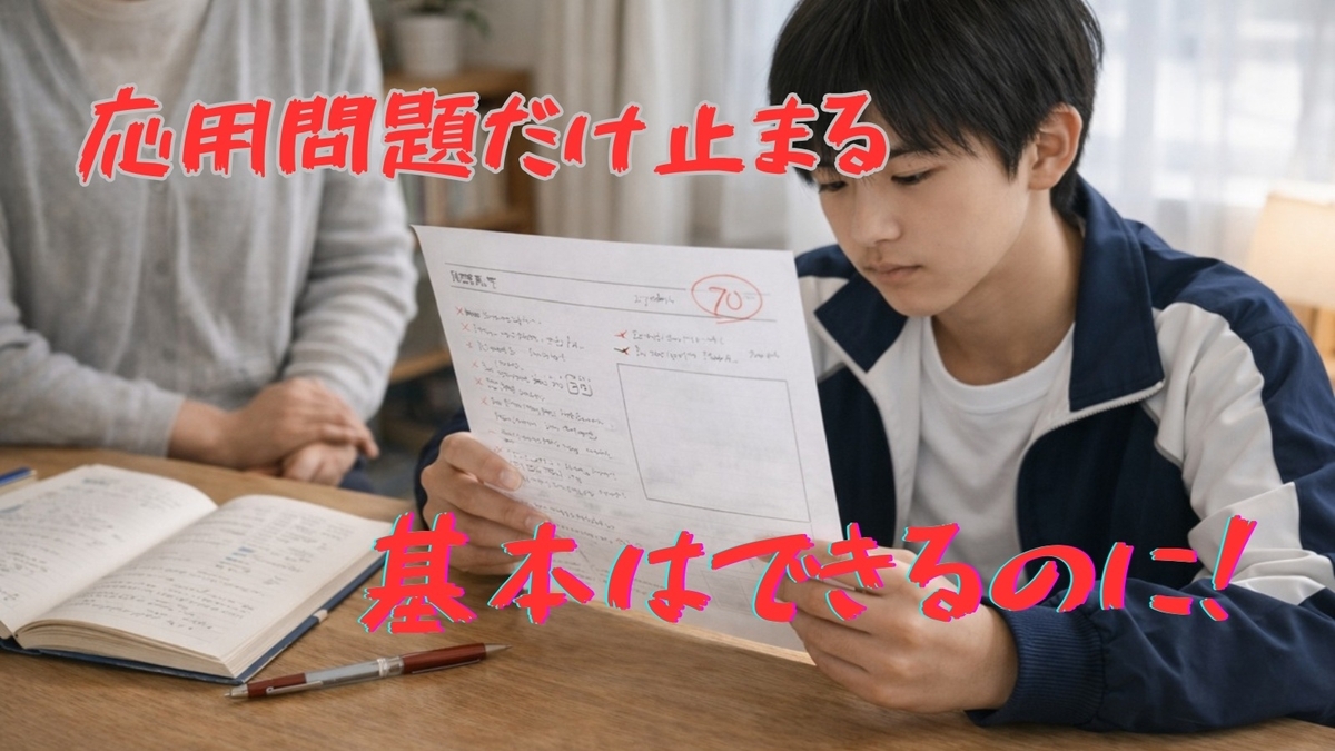 基本問題は解けるのに応用問題だけ止まっている中学生のイメージ